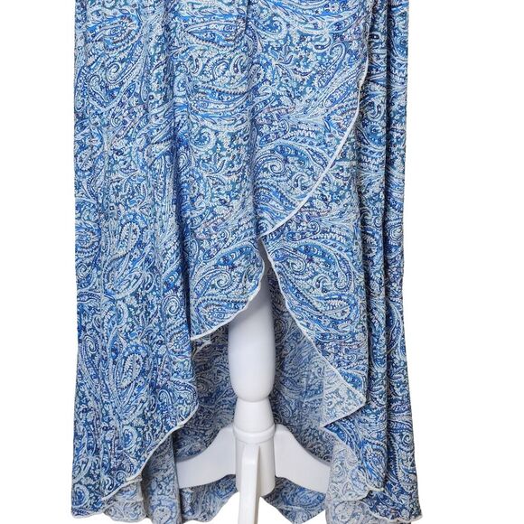 Grecerelle Hi Low Dress Faux Wrap Front Flutter Sleeve Blue Paisley Print XL - Picture 3 of 14